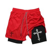 Shorts De Corrida Masculino Com Estampa Cruzada Cristã 2 Em 1, Treino, Academia, Atlético Com Forro