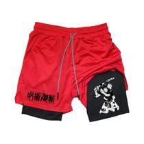 Shorts De Corrida Masculinos 2 Em 1 Em Malha Com Estampa De Anime, Calças Casuais Para Academia E