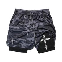 Shorts De Corrida Masculinos Com Estampa De Cruz Cristã 2 Em 1 Para Treino, Academia E Atletismo Com