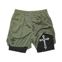 Shorts De Corrida Masculinos Com Estampa De Cruz Cristã 2 Em 1 Para Treino E Academia Com Forro De