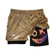 Shorts de Fitness Masculino 2 em 1 - Secagem Rápida com Estampa de Rosto Sorridente