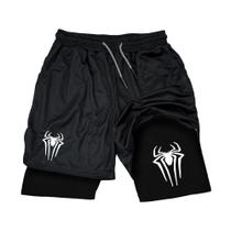 Shorts de Ginástica Masculino Y2K - Estampado Aranha, Malha 2 em 1, Compressão para Corrida e Treino