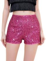 Shorts de lentejuelas para mujer con cintura alta elástica en rosa fuerte