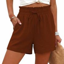 Shorts de linho GaoCold de cintura alta e perna larga para mulheres Claret M Shorts de linho GaoCold de cintura alta e perna larga para mulheres Claret M