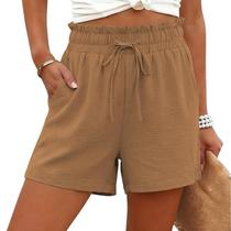 Shorts de linho GaoCold de cintura alta e perna larga para mulheres, marrom claro Shorts de linho GaoCold de cintura alta e perna larga para mulheres, marrom claro