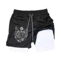 Shorts De Performance Para Homens Com Estampa De Caveira, Secagem Rápida, Dupla Camada, Para Corrida