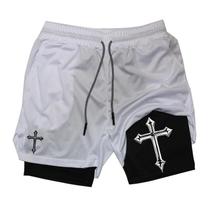 Shorts de Treino de Corrida Masculinos com Estampa Cristã - Forro de Compressão e Cós
