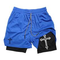 Shorts de Treino de Corrida Masculinos com Estampa Cristã - Forro de Compressão e Cós