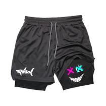 Shorts De Treino Masculinos De Verão Com Dupla Camada, Estampa Gráfica De Tubarão, Cintura