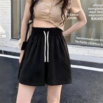 Shorts Esportivos Femininos Pretos De Verão Casuais Com Cintura Elástica E Cordão, Perna Larga Shorts Esportivos Femininos Pretos De Verão Casuais Com Cintura Elástica E Cordão, Perna Larga
