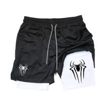 Shorts Esportivos Masculinos 2 em 1 - Com Estampa de Aranha e Malha de Compressão