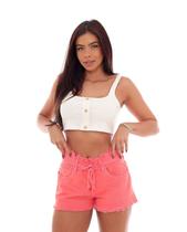 Shorts Feminino Boyfriend com Cós e Barra Desfiada e Cordão Entre Os Passante 22526 Coral