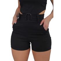 Shorts Feminino Curto Bengaline Preto Básico Detalhes Cinto Cintura Tendência