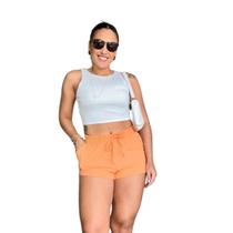 Shorts Feminino Linho com Elástico, Bolsos e Recorte