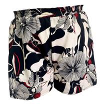 Shorts Feminino Plus Size Preto Flores Branca