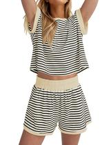 Shorts femininos de malha listrada Lounge Set MISSACTIVER, 2 peças Shorts femininos de malha listrada Lounge Set MISSACTIVER, 2 peças