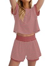 Shorts femininos de malha listrada Lounge Set MISSACTIVER, 2 peças Shorts femininos de malha listrada Lounge Set MISSACTIVER, 2 peças