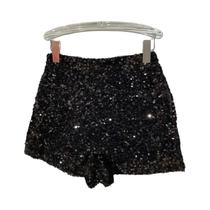 Shorts Femininos Pretos De Veludo Com Lantejoulas Brilhantes De Cintura Alta Para Outono - Versáteis