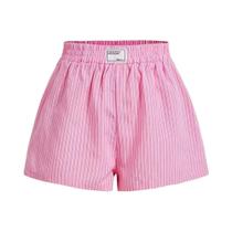 Shorts Femininos Rosa Listrados Com Etiqueta De Letras, Casuais De Verão, Soltos, Com Cintura