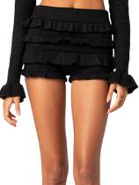 Shorts femininos Springcmy com babados, crochê, cintura alta, pretos