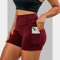 Shorts Fitness com Dois Bolso Laterais pra Celular Cós Alto de Alta Compressão Poliéster Curto