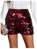 Shorts Floerns, contrastantes, lantejoulas, elástico, cintura bordô
