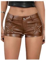 Shorts Floerns Y2k Mini Star Rivet de cintura baixa em couro PU marrom
