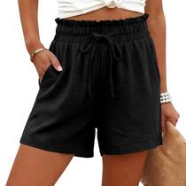 Shorts GaoCold Linen para mulheres, cintura alta, perna larga, pretos, GG Shorts GaoCold Linen para mulheres, cintura alta, perna larga, pretos, GG