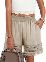Shorts Hubery Casual Cintura Alta com Renda e Babados Caqui Shorts Hubery Casual Cintura Alta com Renda e Babados Caqui