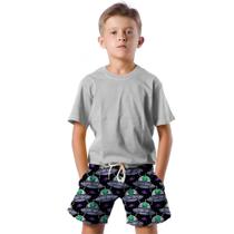 Shorts Infantil Bermuda Calção Praia Verão Aliens Ovni Cartoon 112