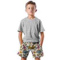 Shorts Infantil Bermuda Calção Praia Verão Arte Vibes Flores Cogumelo 215