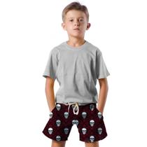 Shorts Infantil Bermuda Calção Praia Verão Caveira Arte Antigo Red 372