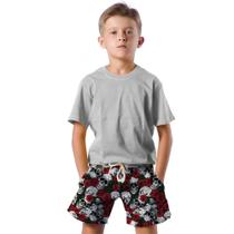 Shorts Infantil Bermuda Calção Praia Verão Caveira Arte Rosas 740