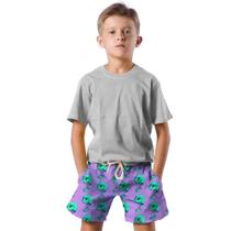 Shorts Infantil Bermuda Calção Praia Verão Caveira Arte Verde 497