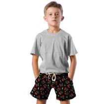 Shorts Infantil Bermuda Calção Praia Verão Cereja Arte Flores 605