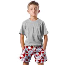 Shorts Infantil Bermuda Calção Praia Verão Coração Desenho Arte Vermelho 691