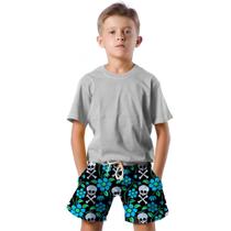 Shorts Infantil Bermuda Calção Praia Verão Crânio Flores Azul 185 Shorts Infantil Bermuda Calção Praia Verão Crânio Flores Azul 185