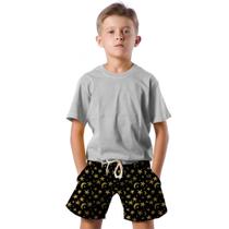 Shorts Infantil Bermuda Calção Praia Verão Estrelas Lua Dourado Amarelo Arte 724