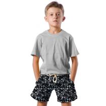 Shorts Infantil Bermuda Calção Praia Verão Flores Branco Arte Flowers 695