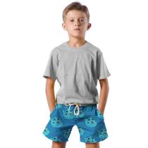 Shorts Infantil Bermuda Calção Praia Verão Gato Reação Face Blue 206