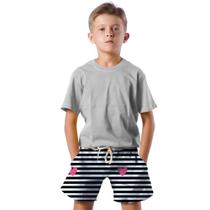 Shorts Infantil Bermuda Calção Praia Verão Listras Corações Arte Pink 641