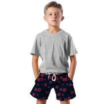 Shorts Infantil Bermuda Calção Praia Verão Rosas Cartoon Vermelho Arte 719