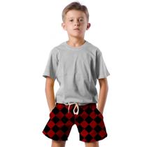 Shorts Infantil Bermuda Calção Praia Verão Xadrez Arte Preto Red 603