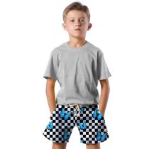 Shorts Infantil Bermuda Calção Praia Verão Xadrez Borboletas Arte Blue 542