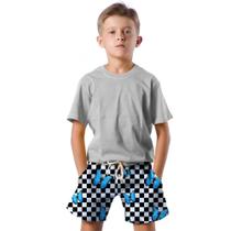 Shorts Infantil Bermuda Calção Praia Verão Xadrez Borboletas Azul 625