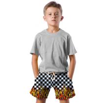 Shorts Infantil Bermuda Calção Praia Verão Xadrez Fogo Cartoon Arte 541