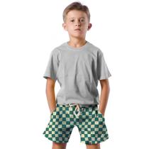 Shorts Infantil Bermuda Calção Praia Verão Xadrez Verde Cartoon 596
