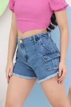 Shorts Jeans Cargo Bolsos Laterais Juvenil Menina Moda Blogueira Diva.