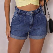 Shorts Jeans Cintura Alta Com Pregas Feminino Revanche Avêntico