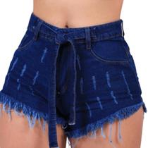 Shorts Jeans Curto Feminino Com Barra Desfiada Cintura Super Alta e Laço